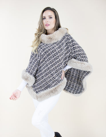 FP60034-BG - Tweed Pattern V-Shaped Faux Fur Trimmed Poncho
