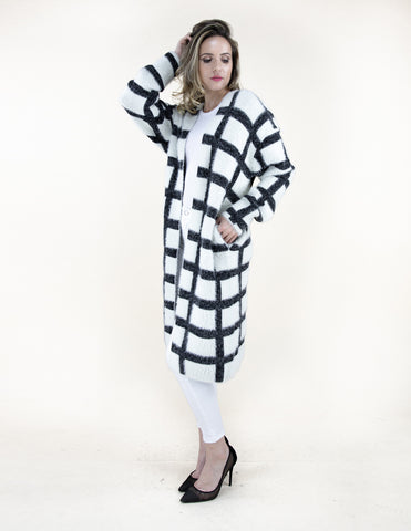 FP62046-WT - Eyelash Boxy Plaid Long Cardigan