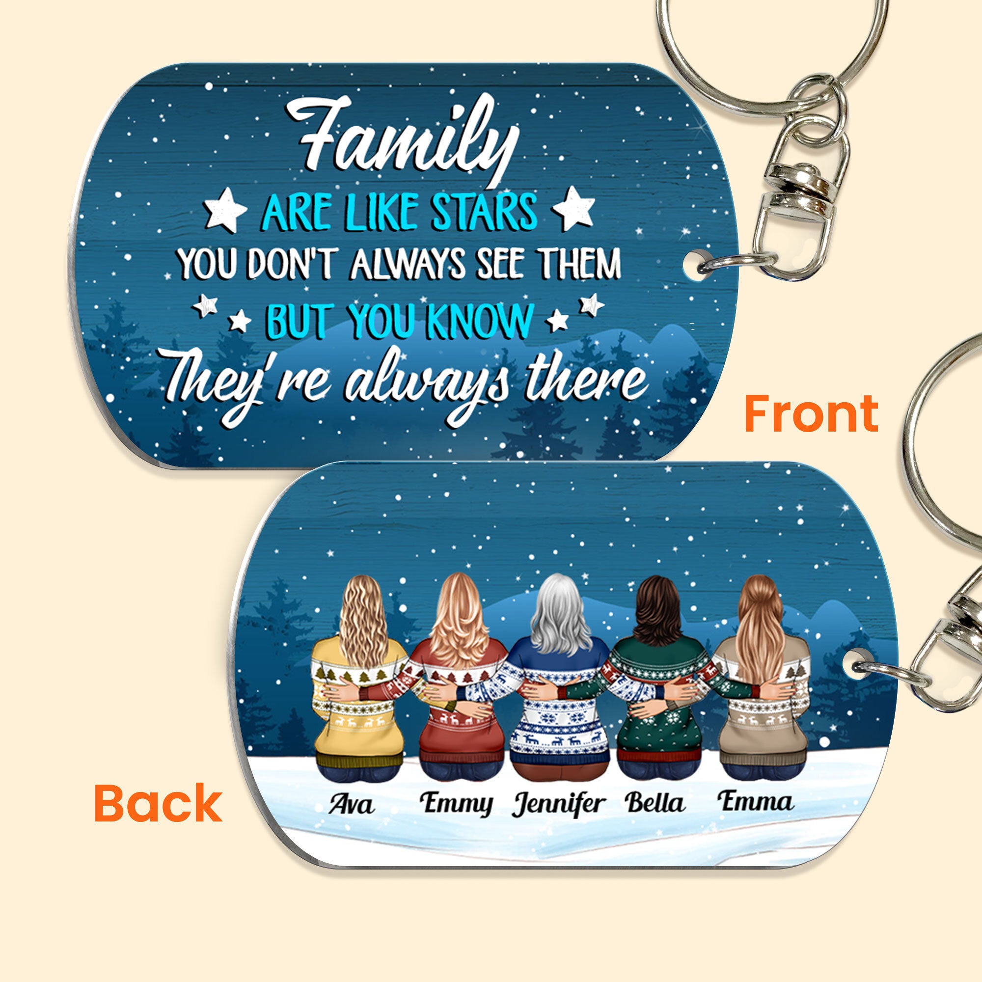 Image of Brothers & Sisters, Family Are Like Stars - Personalized Keychain - Christmas Gift For Family, Siblings - Ugly Christmas Sweater Sitting  Fmuny Jennifer Bella Emma 