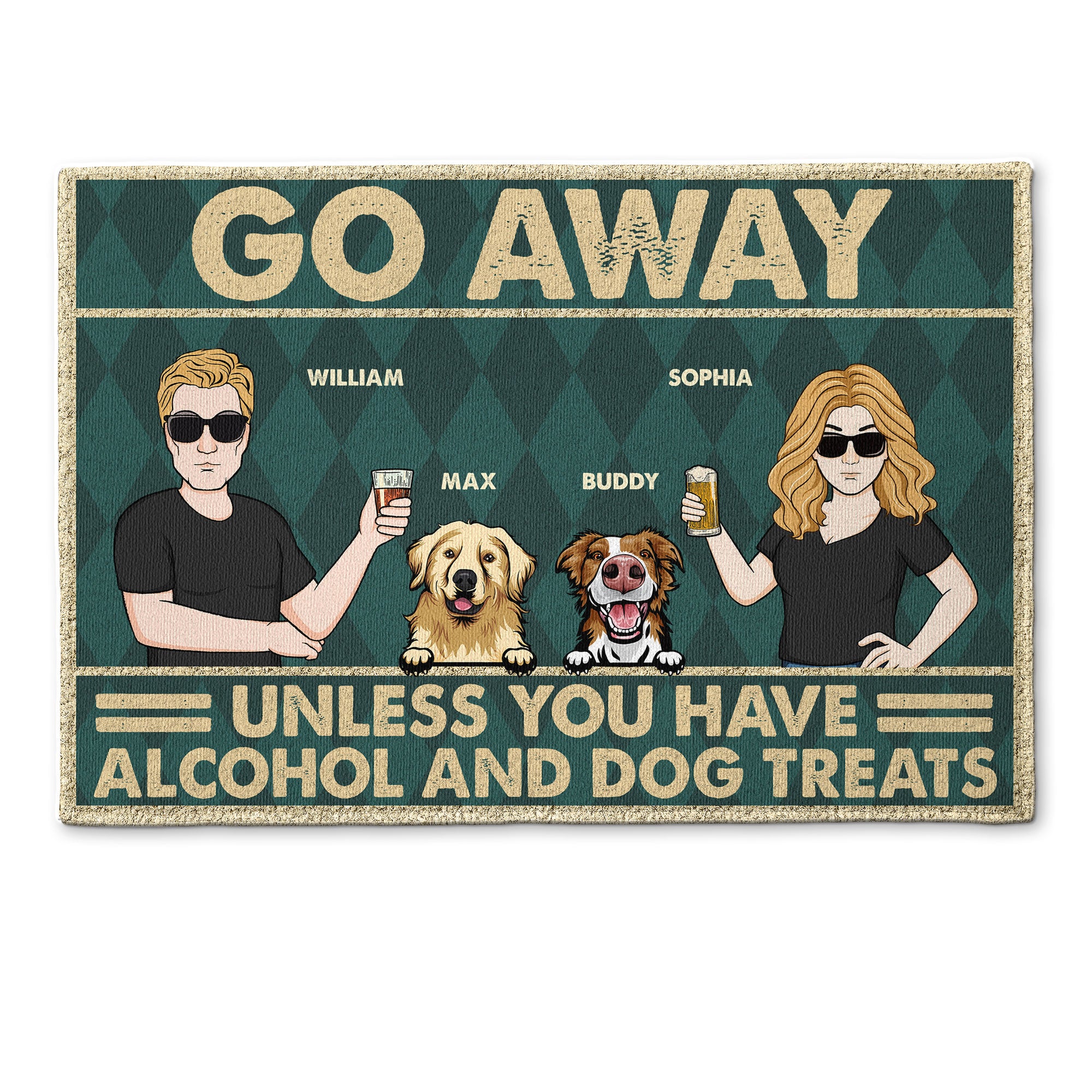 Image of Go Away Unless You Have Alcohol  - Personalized Doormat - Home Decor, Birthday, Funny Gift For Couples, Husband, Wife, Pet Owners  UNLESS YOU HAVE , ALCOOL AND DOG TREA?S 