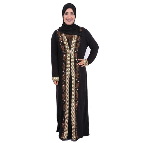 Long Sleeved Black Abaya with Gold Trims