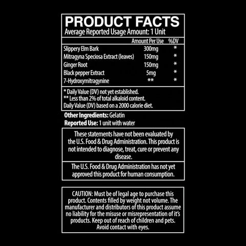 Product facts for black label kratom capsules from MIT45