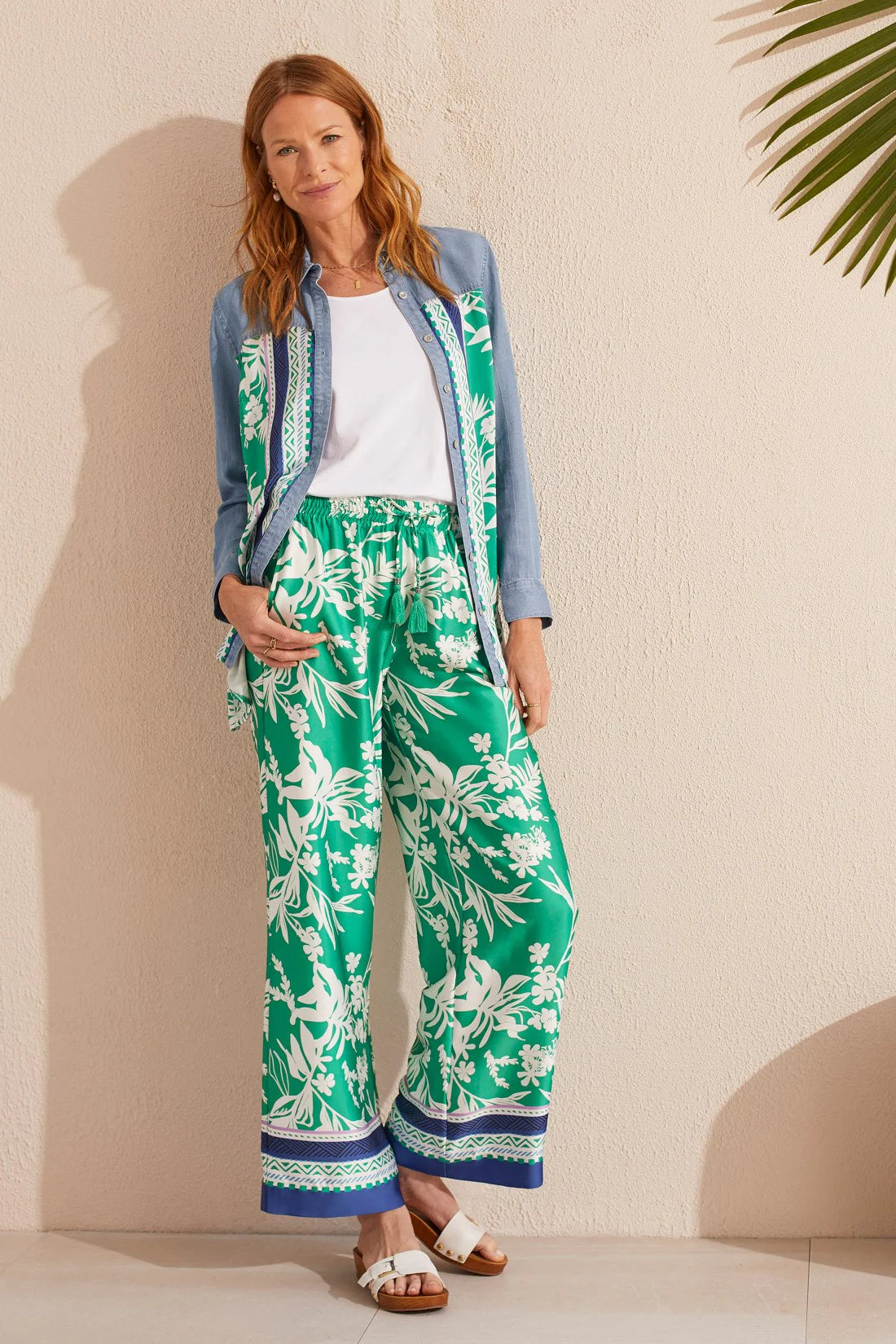 Petra Printed Pull-On Wide Leg Pants with Drawstring in Jademist - TRIBAL  5471O-4956-3061