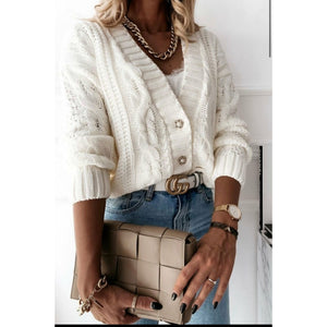 Cream Cable Knit Domed Button Cropped Cardigan