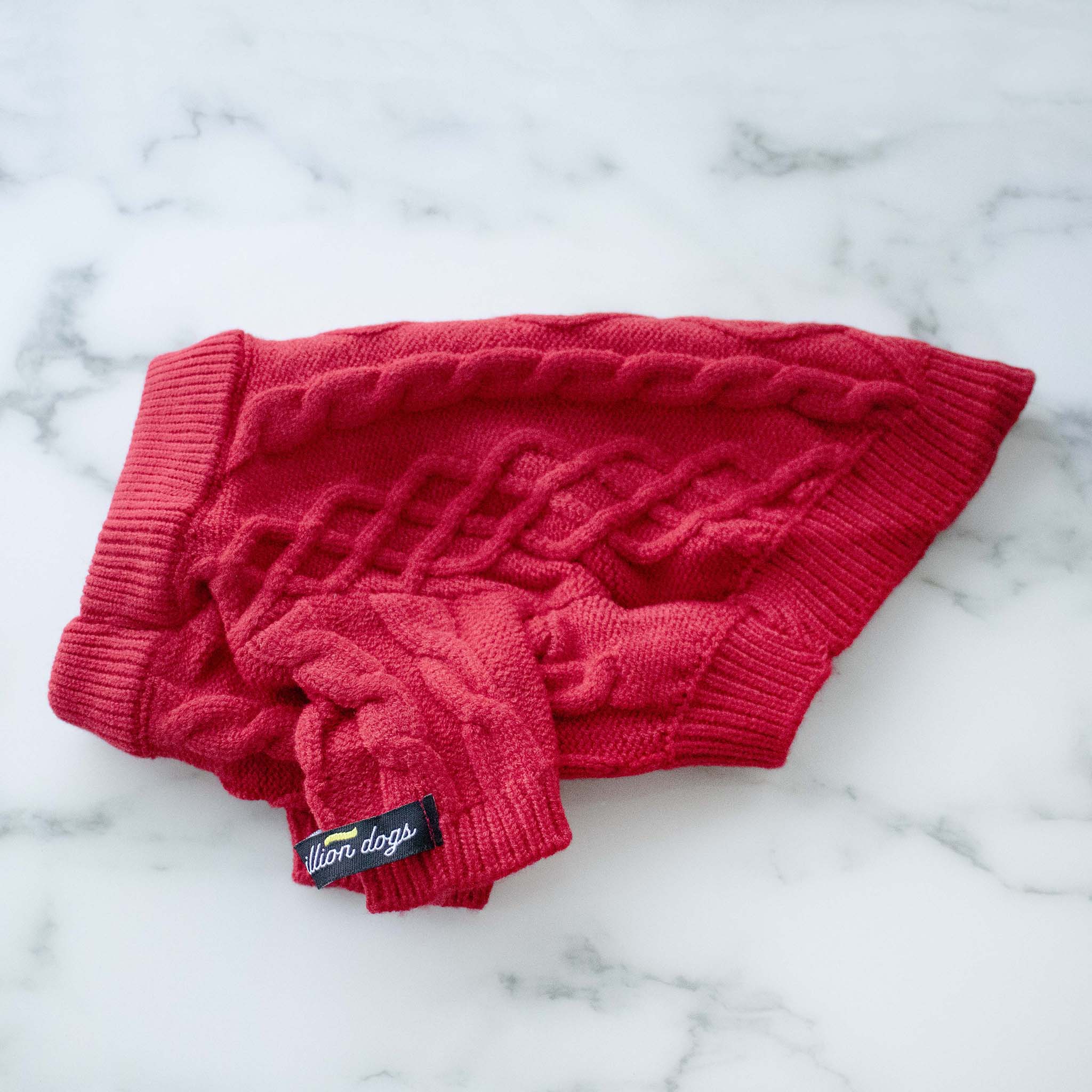 Red cable knit sweater for small dogs