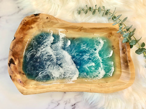 40cm acacia wooden tray with ocean wave style epoxy resin art