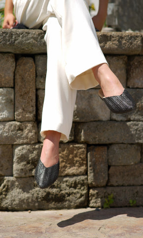 black raffia mules