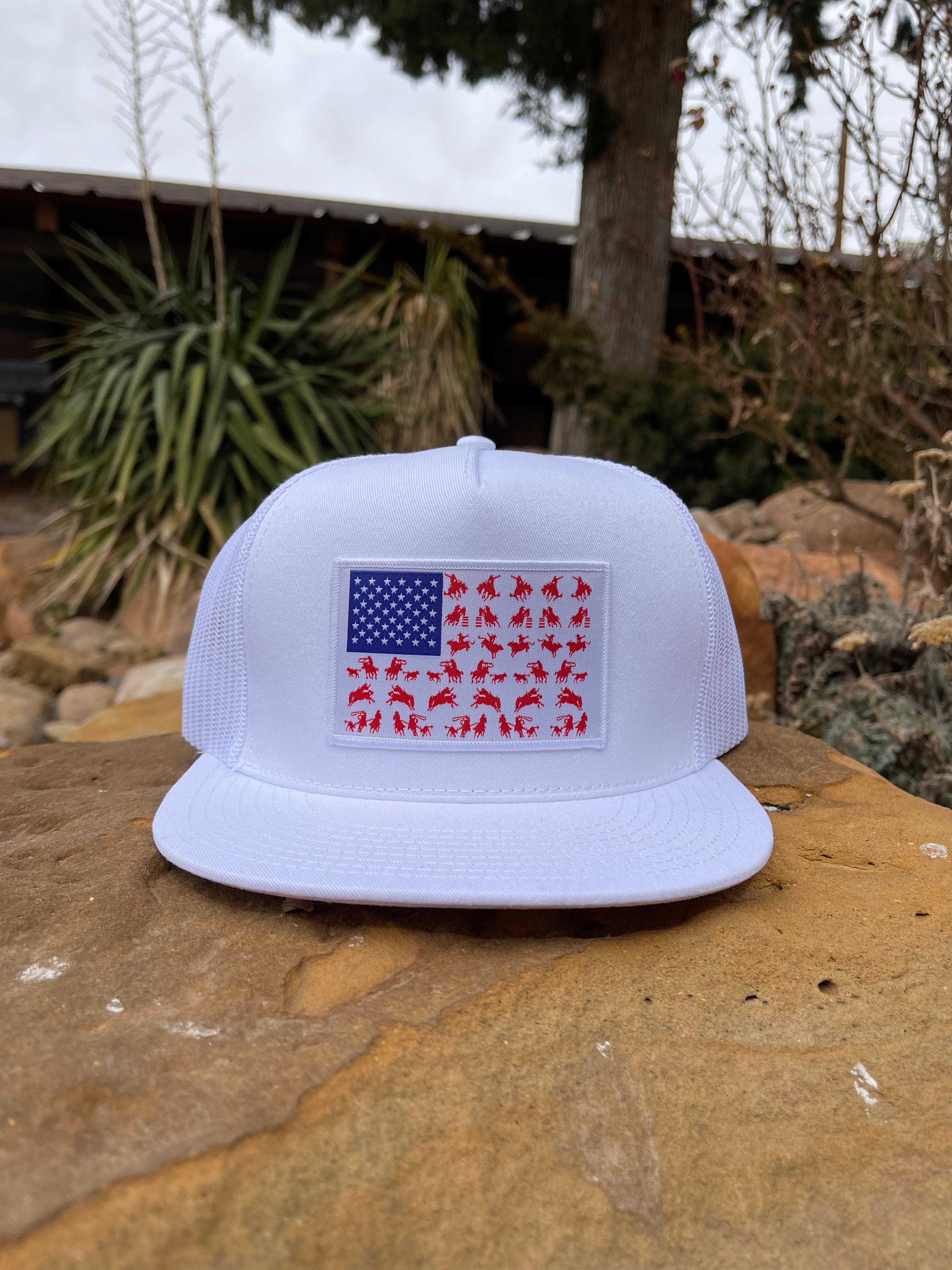 “Rodeo Flag"- 6006 White/ White Mesh, Snapback Cap