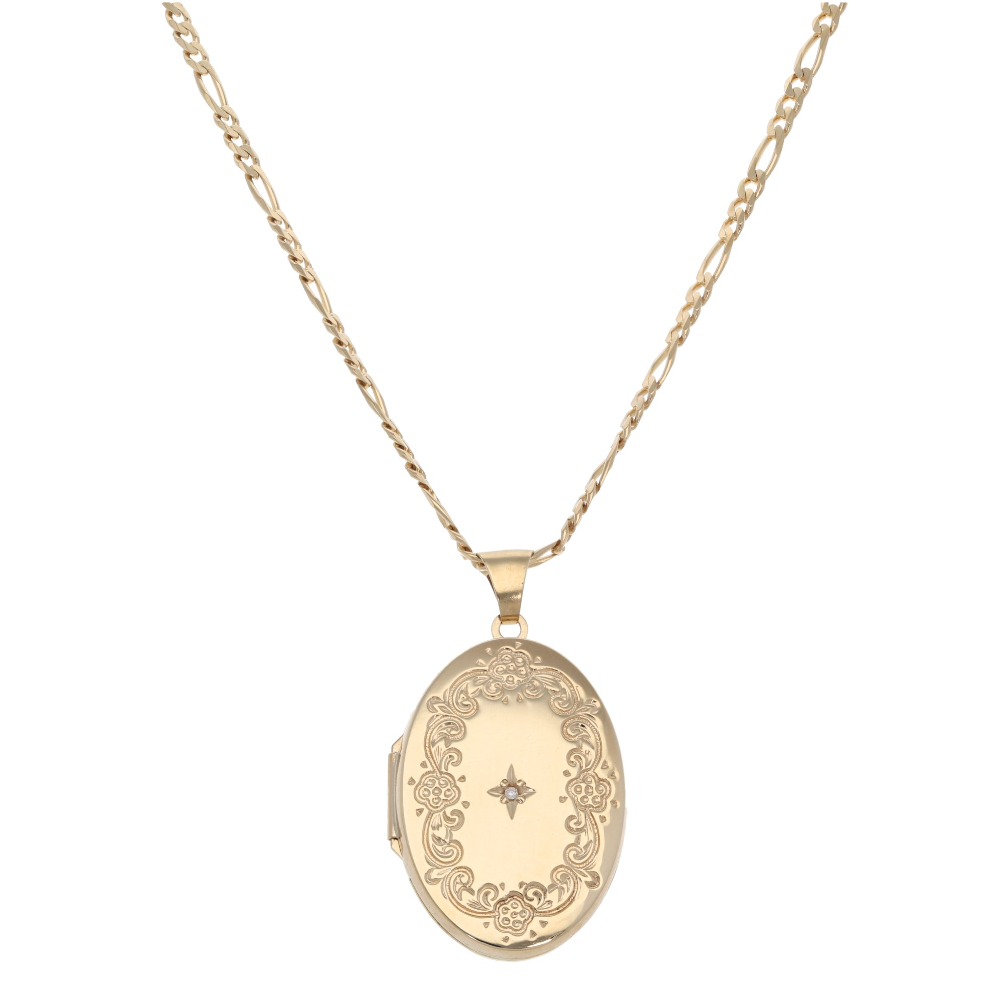 9ct Gold 0.01ct Diamond Ladies Patterned Locket Pendant With Chain