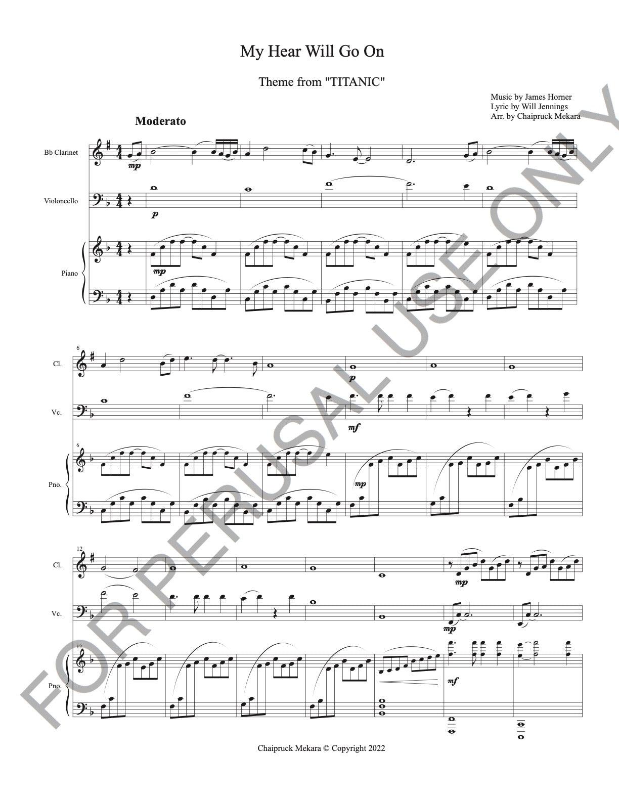Clarinet, Cello and Piano sheet music: My Heart will go on from Titanic