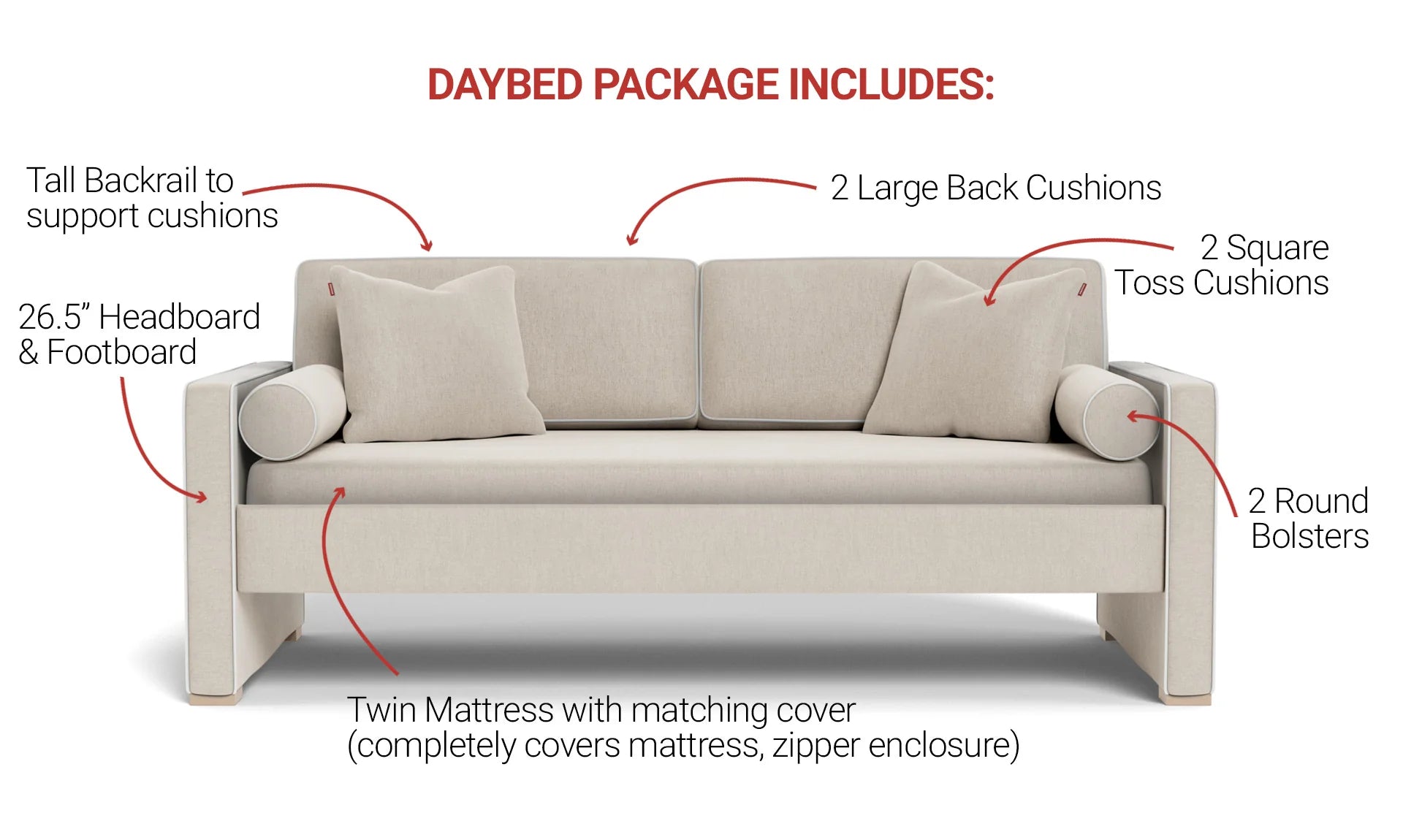 Modern Daybed Sofa Package Includes Mattress Cover, Back Cushions, Throw and Bolster Pillows