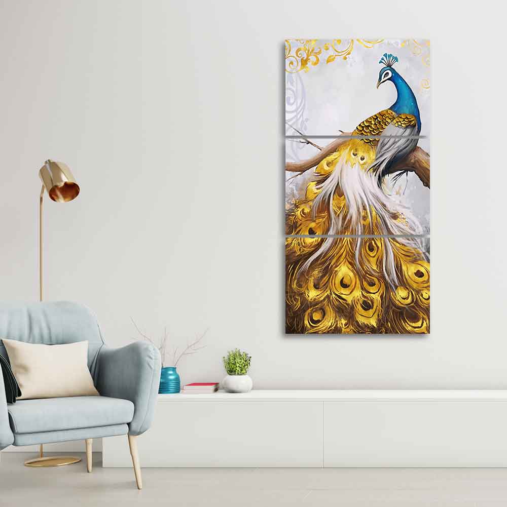 A Beautiful 3 Pieces Wall Painting of Golden Peacock – Vibecrafts