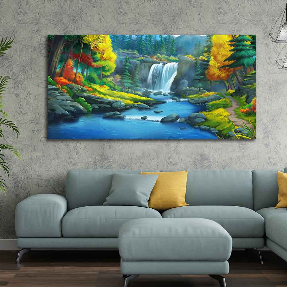 A Beautiful Scenery of Waterfall In Forest Canvas Wall Painting ...