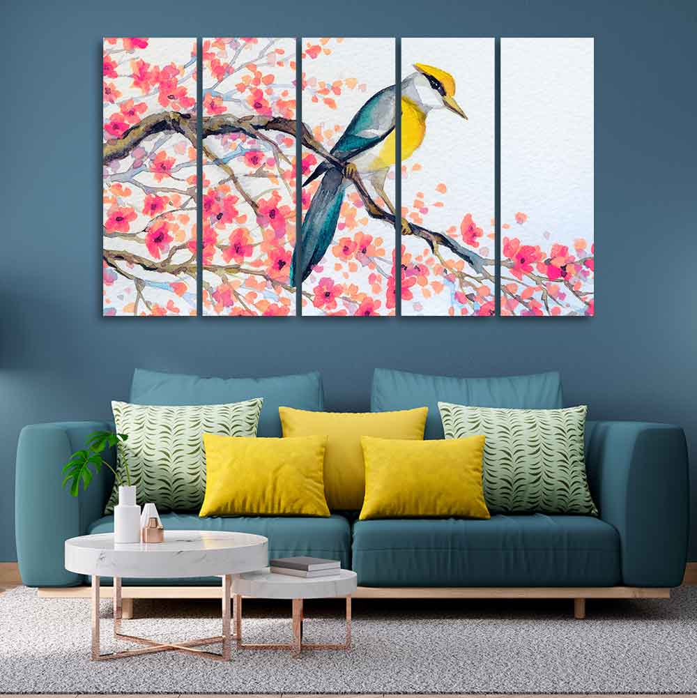 Beautiful Bird on Tree Branch Wall Painting of Five pieces ...