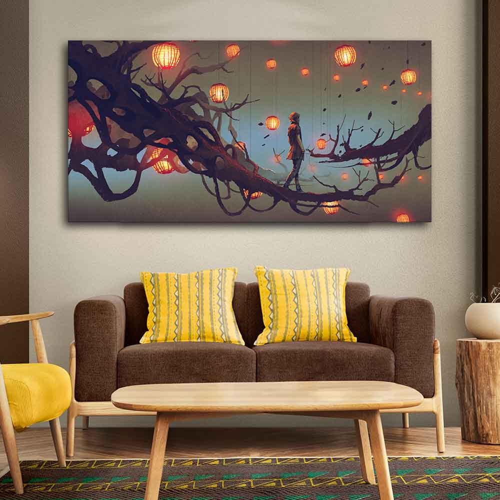 Beautiful Wall Painting of Man Walking on Tree with many Lanterns Back