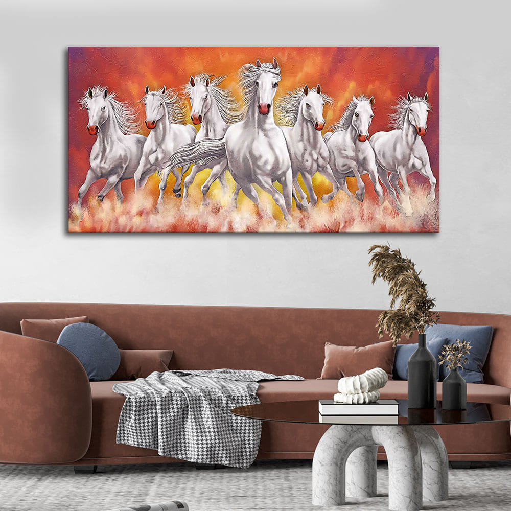 Beautiful White Seven Running Horse Premium Canvas Wall Painting ...