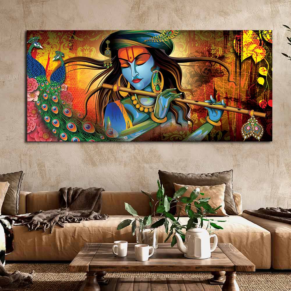 Lord Krishna Playing Flute Premium Wall Painting - Vibecrafts