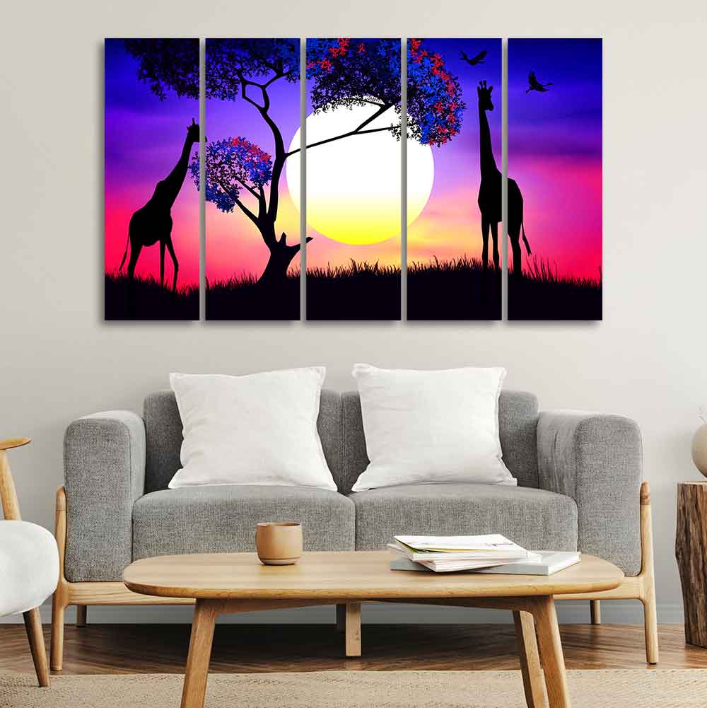 Pair of Giraffe at Night Canvas Wall Painting of Five Pieces