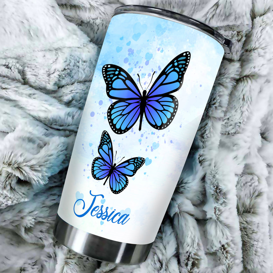 Camellia Personalized Blue Butterfly Mom To Daughter Stainless Steel Tumbler - Double-Walled Insulation Vacumm Flask - Gift For Thanksgiving, Memorial Day, Daughter's Birthday