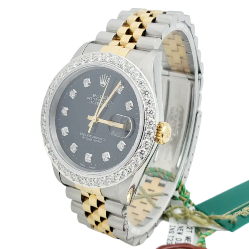Men's Rolex 36mm DateJust 18K Gold / Stainless Steel Two-Tone Watch with Black Diamond Dial and Diamond Bezel. (NEW 16233)
