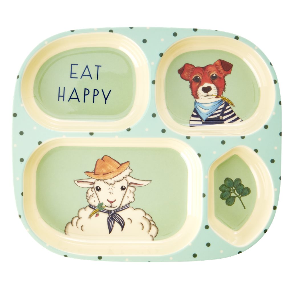 Melamine Kids 4 Room Plate with Farm Animals Print - Green