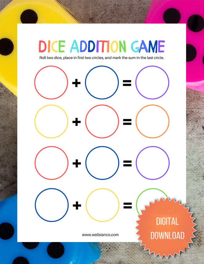 dice addition game printable addition game digital download letter si wellsian