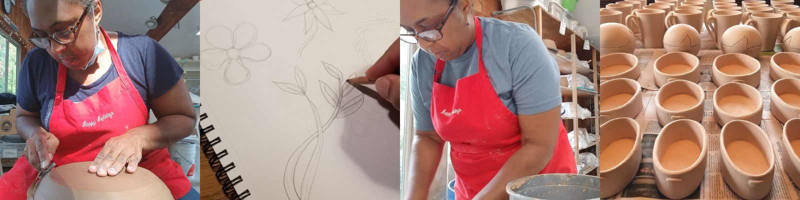 Images of Nathalie Royston working on ceramics