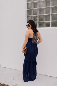 blue maxi dress with lace at bust and on sheer open back - back view