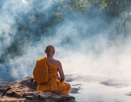 Buddhist monk meditating with matcha, meditation, hypnosys
