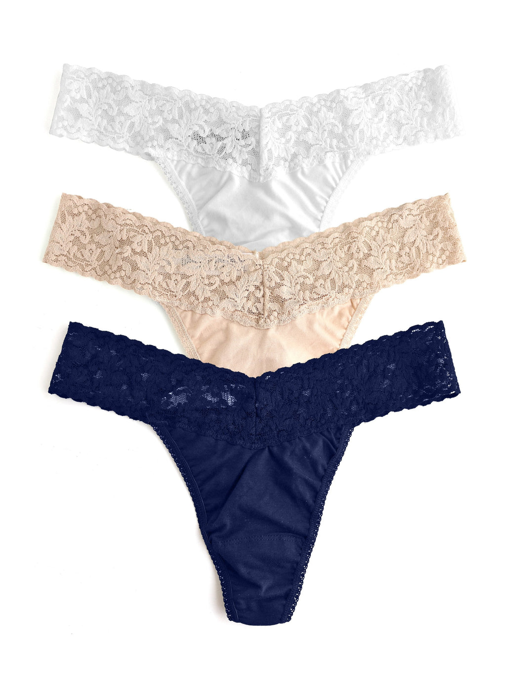 3 Pack Supima® Cotton Low Rise Thongs with Lace White/Chai/Navy