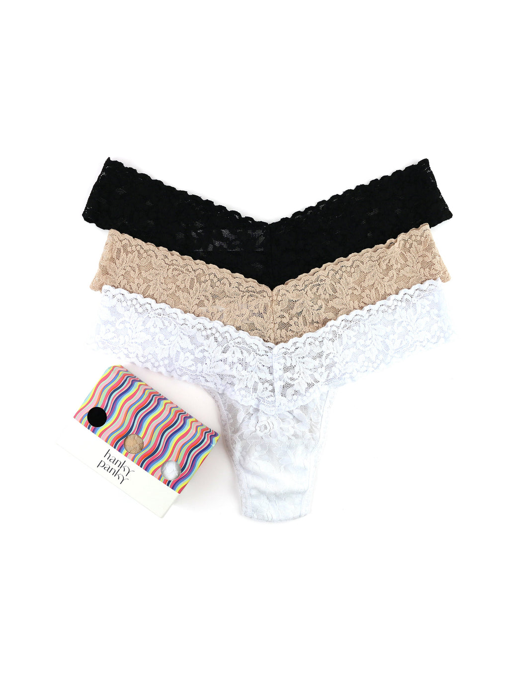 Low Rise Signature Lace Thongs - 5 Pack Black/Chai/Bliss O/S by Hanky Panky