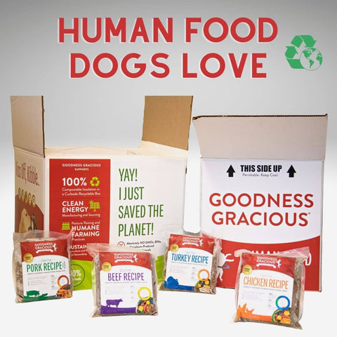 Gooodness Gracious human grade gently cooked dog food is environmentally friendly and ships in compostable and recyclable packaging