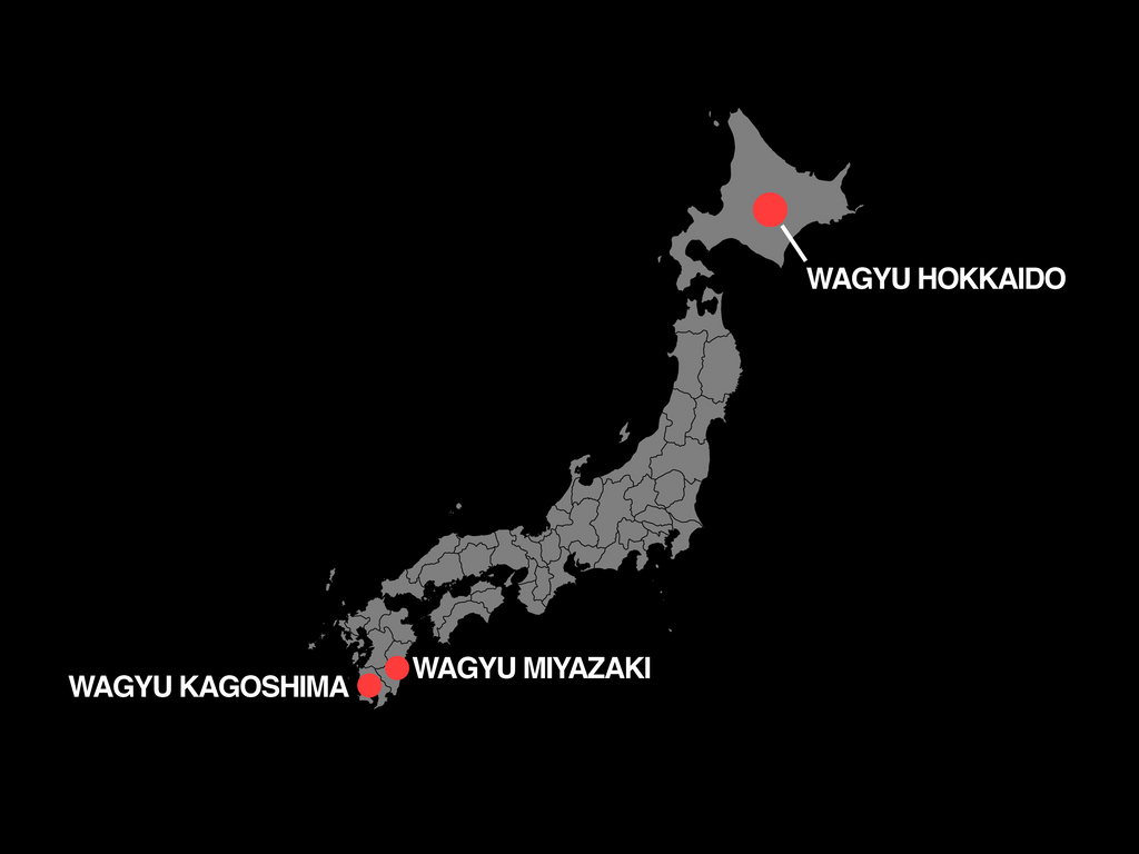 Map of Japan revealing the locations where Wagyu is produced