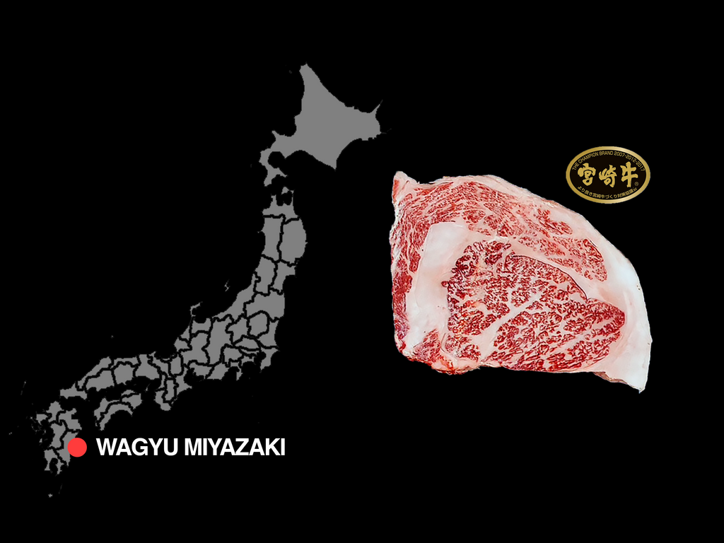 Miyazaki Wagyu steak next to the Miyazaki prefecture location on a Japanese map