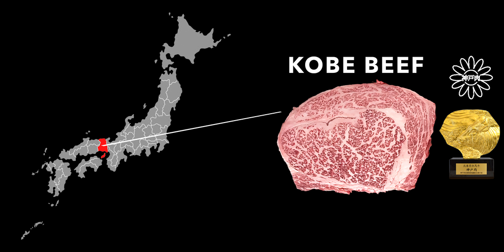 Picture of Kobe Beef and its location on the map of Japan