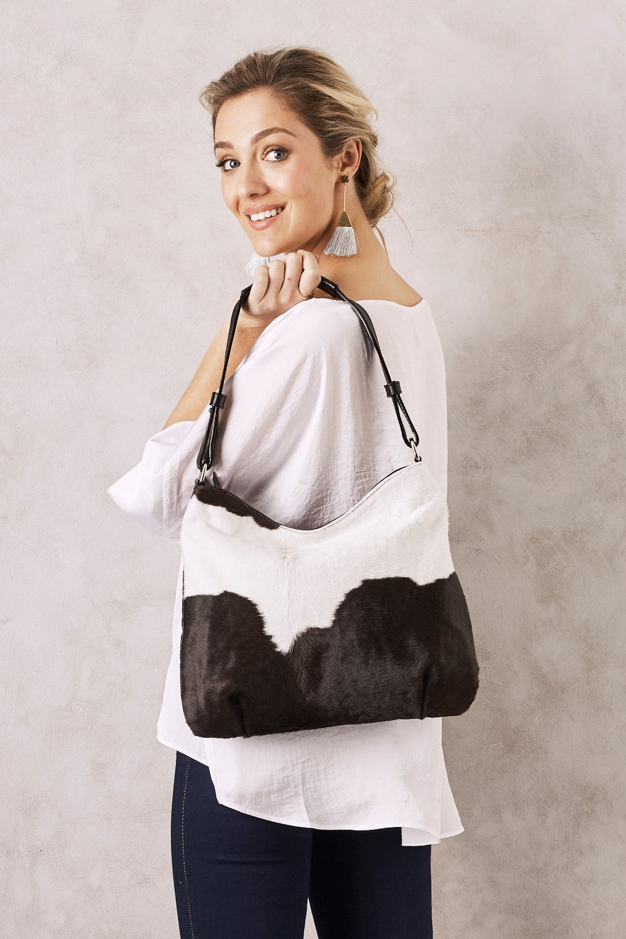 Hobo Leather Handbag Black And White Cowhide Carolina
