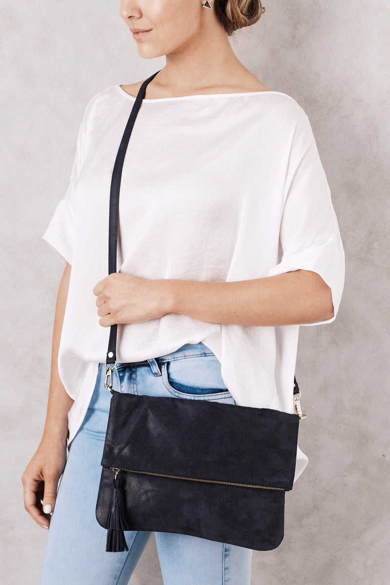 oversized navy clutch bag