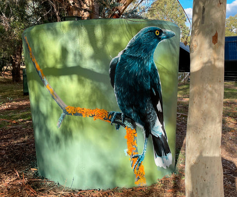 Mural, Public art, Artwork featuring a pair of Currawongs perched on lichen encrusted branches