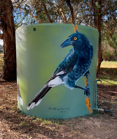 Mural of a Currawong Bird on a lichen covered branch. Painted on the side of a water tank
