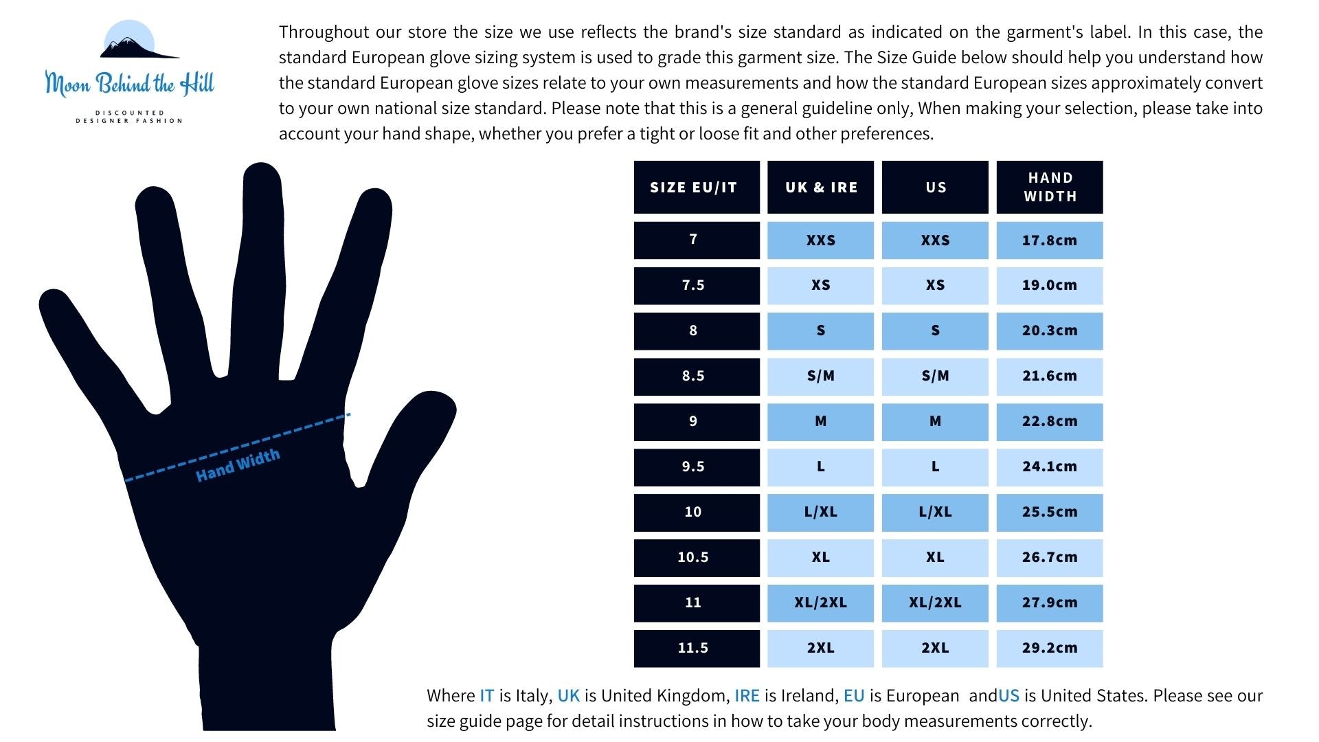 Standard European Men's Glove Sizes, Hand Measurements & International Conversion Chart