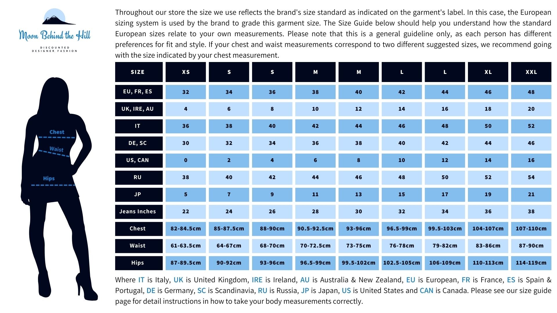 Standard European Women's Clothing Sizes Guide – Moon Behind The Hill