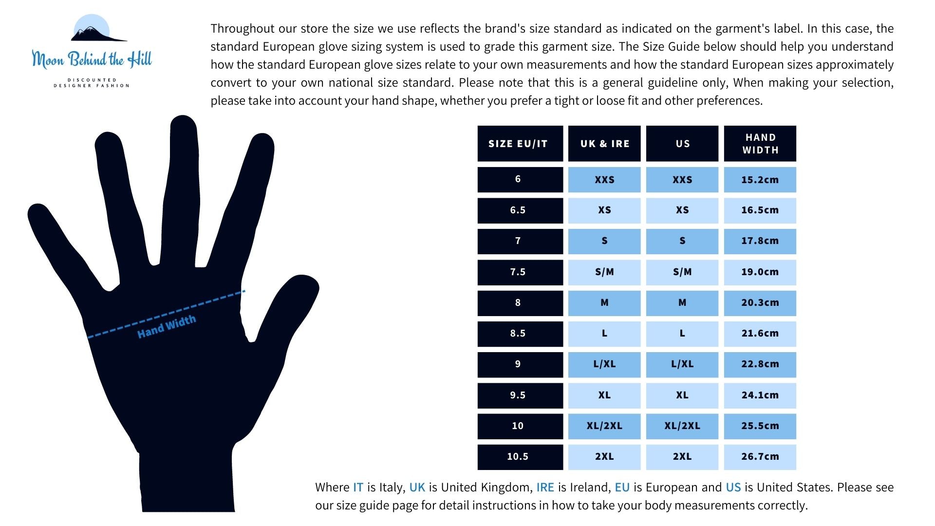 Standard European Women's Glove Sizes, Hand Measurements & International Conversion Chart 