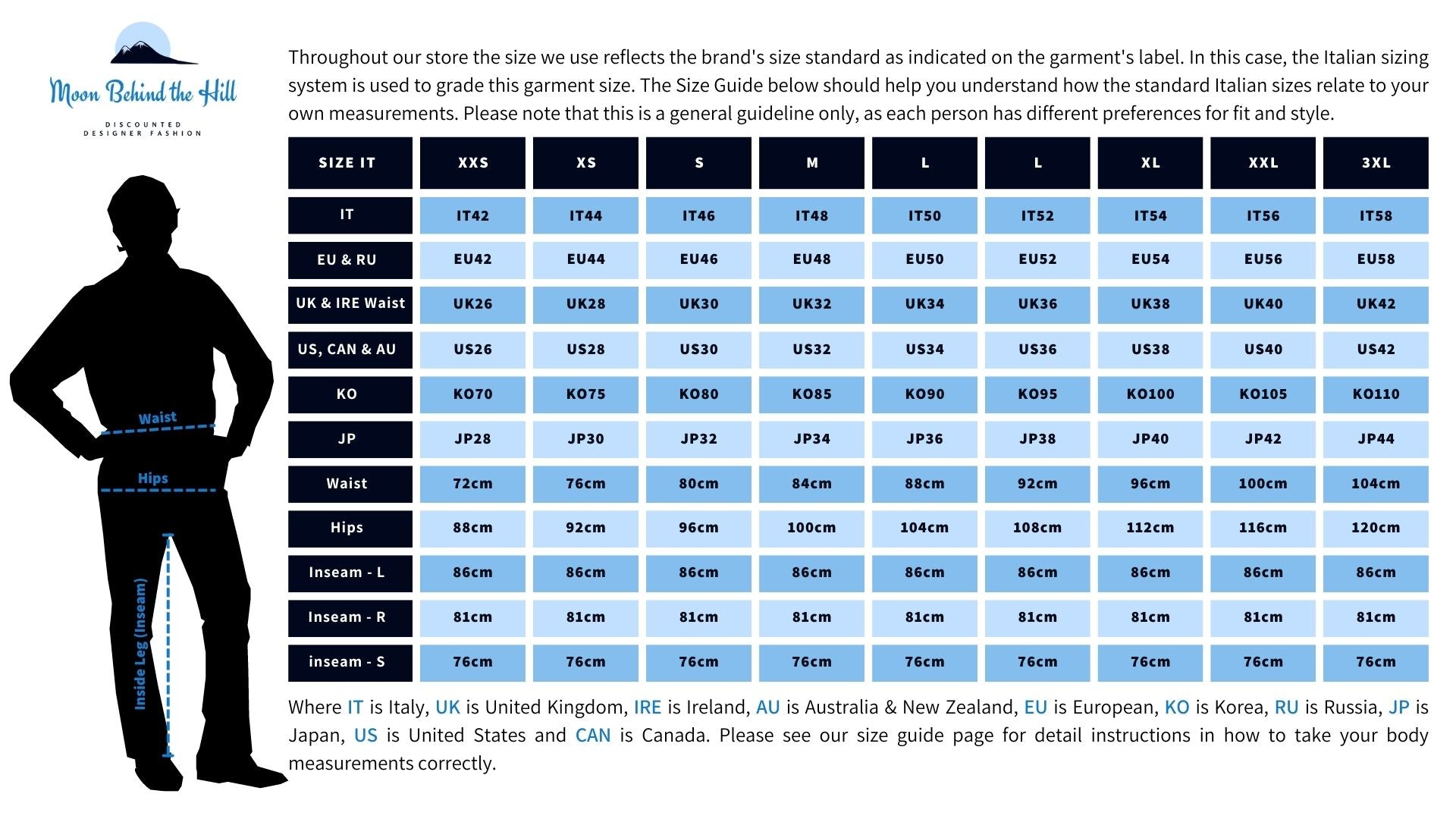 Standard Italian Men's Pants, Shorts & Bottoms Sizes, Body Measurements & International Conversion Chart Variant 2