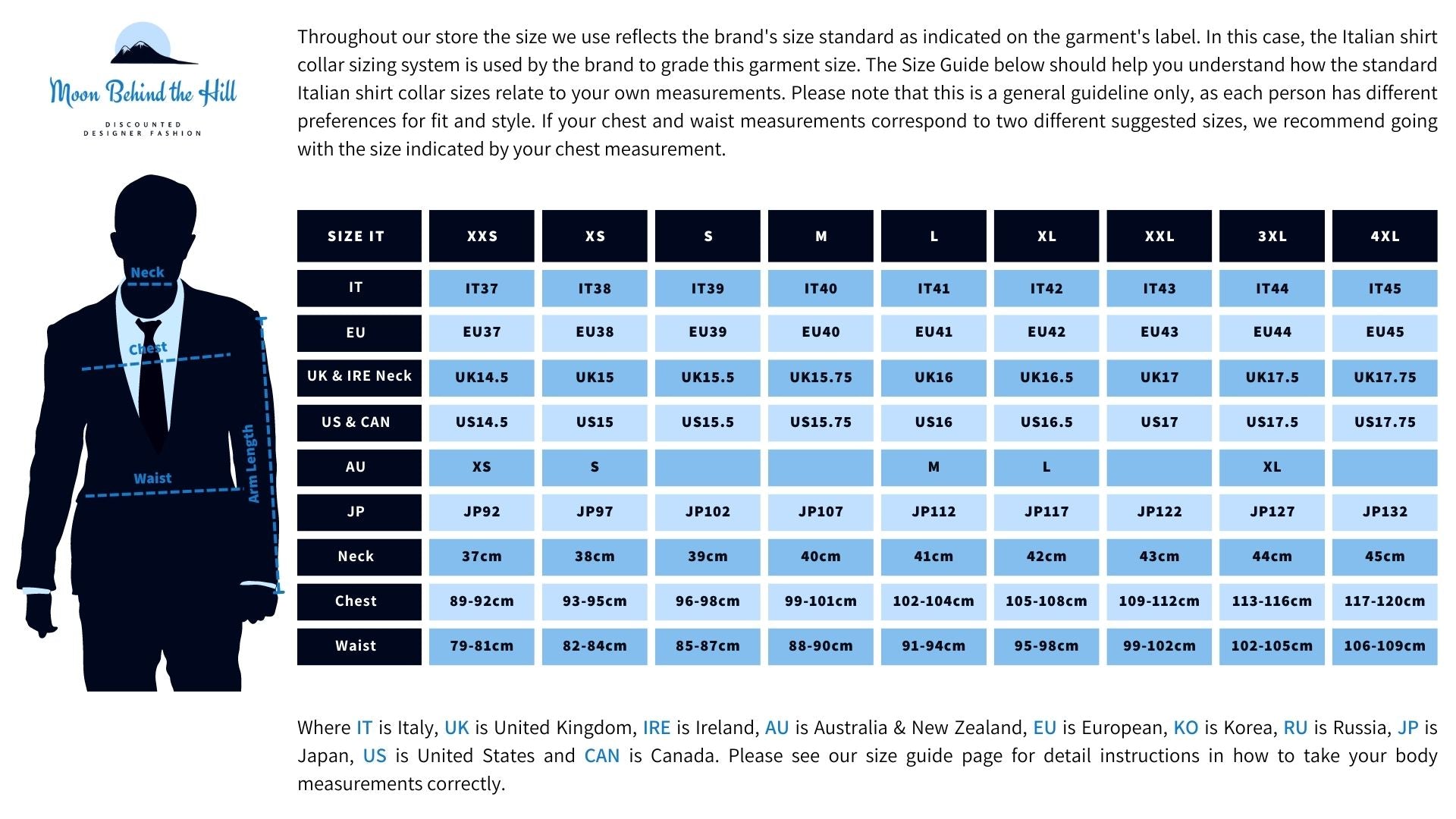 Standard Italian Men's Shirt Collar Sizes, Body Measurements & International Conversion Chart