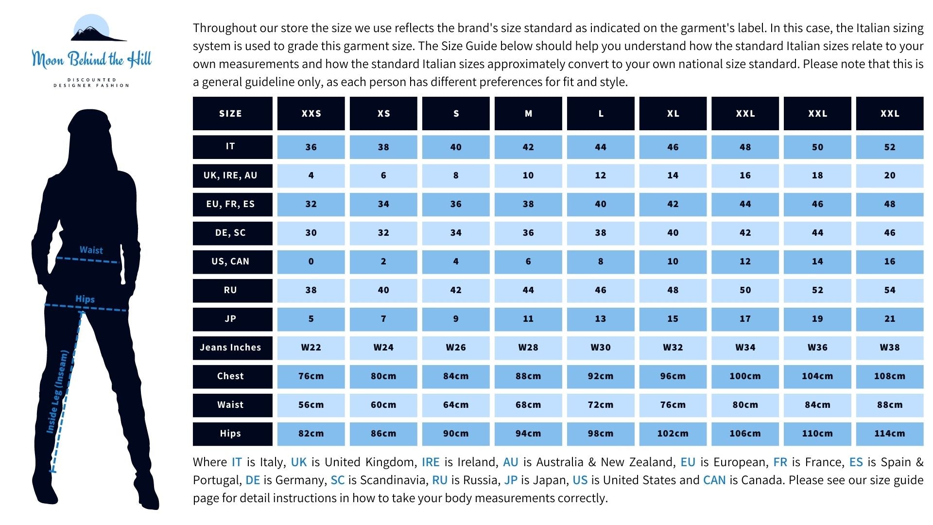 Standard Italian Women's Pants & Bottoms Sizes, Body Measurements & International Conversion Chart