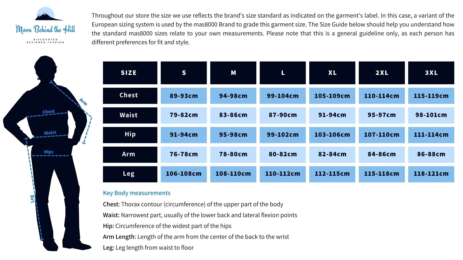 Standard mas8000 Men's Clothing Sizes & Body Measurements Guide – Moon ...
