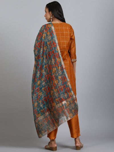 rust art silk kurta with pant and dupatta set224-5