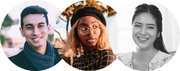 Three people smiling in separate circular frames.