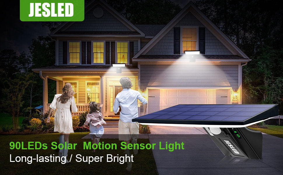 JESLED Luz Solar Exterior 90 LED, Foco Solar Potente con Sensor de  Movimiento, Impermeable con 3 Modos Inteligentes para Jardín, Patio,  Camino, Escalera. (Pack de 1) : : Iluminación