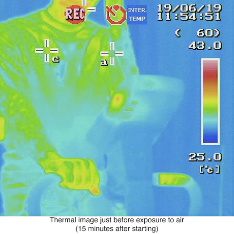 Freeze Tech test, body temperature seen tru infrared camera before cold effect starts